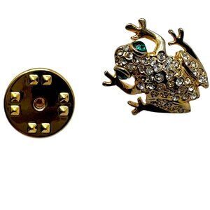 Gold-Tone Frog Lapel Pin Crystal Rhinestones & Green Eyes